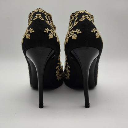 Alexander McQueen High Heels lace Gr. 39 schwarz ivory bestickt Absatz Leder Blumenspitze floral Nostalgie Hochzeit Schuhe