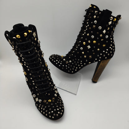 D&G Dolce & Gabbana ankle Boots Gr. 39 Nieten Spikes Absatz schwarz Leder Schnürstiefel Absatz Booties Schuhe