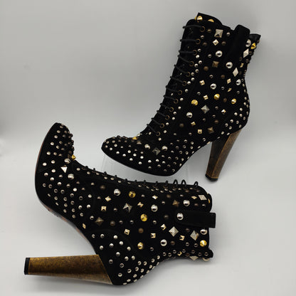 D&G Dolce & Gabbana ankle Boots Gr. 39 Nieten Spikes Absatz schwarz Leder Schnürstiefel Absatz Booties Schuhe