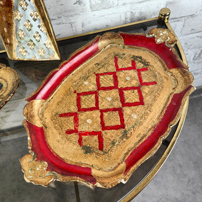 Florentiner Tablett Wiegeschaufel Löffel Kelle üppig gold grün rot verziert Ornamente vintage Maximalismus Rokoko Chippendale Renaissance Hochzeit Teetablett Italy