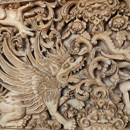 Großes Wandbild 3D Mythologisches Motiv Holz Schnitzerei Relief Garuda Ganesha Barong Asien Bali Thailand Indonesien handgeschnitzt Asiatika