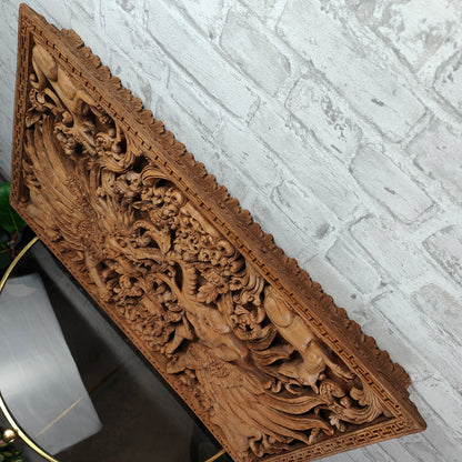 Großes Wandbild 3D Mythologisches Motiv Holz Schnitzerei Relief Garuda Ganesha Barong Asien Bali Thailand Indonesien handgeschnitzt Asiatika