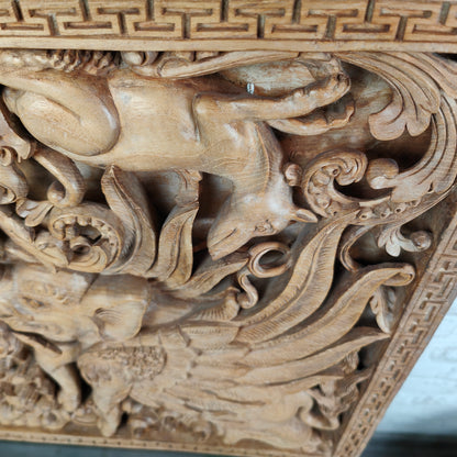 Großes Wandbild 3D Mythologisches Motiv Holz Schnitzerei Relief Garuda Ganesha Barong Asien Bali Thailand Indonesien handgeschnitzt Asiatika