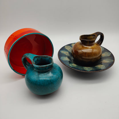 4x Fat Lava Dekorations Set vintage Krug Schale Teller orange blau braun West German Pottery Nippes Bookshelf Wealth Hygge Vase Pflanzgefäße