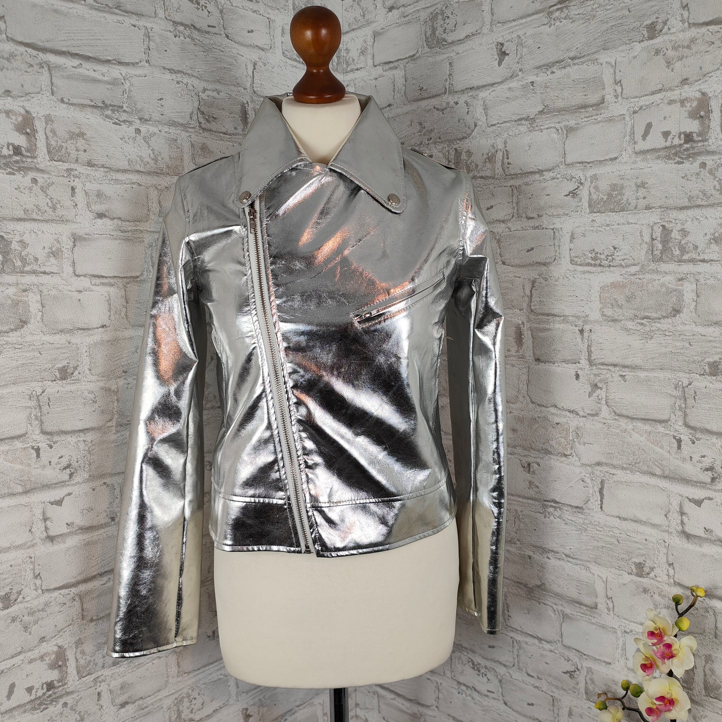 Smithroad Jacke metallic silber glänzend glossy Biker Kunstleder Lederimitat Gr. M neu mit Etikett Stagewear Bikerjacke Motorradjacke Spiegelglanz