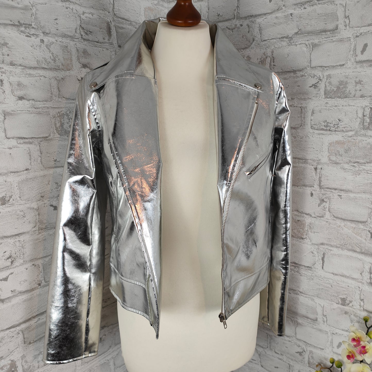 Smithroad Jacke metallic silber glänzend glossy Biker Kunstleder Lederimitat Gr. M neu mit Etikett Stagewear Bikerjacke Motorradjacke Spiegelglanz