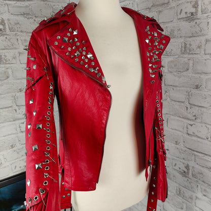 Kapraun Biker Lederjacke rot Nieten Sicherheitsnadeln Einzelstück customized Unikat Stagewear Rocker 1% Punk Cyberpunk