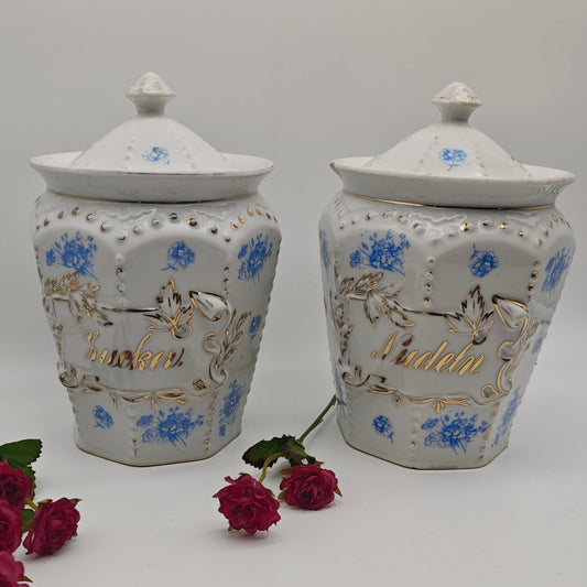 2x Vorratsdose Zucker Nudeln Keramik Gefäße Aufbewahrung Behälter Goldrand Blumen blau Shabby Chic Landhausstil cottagecore Grannycore antik