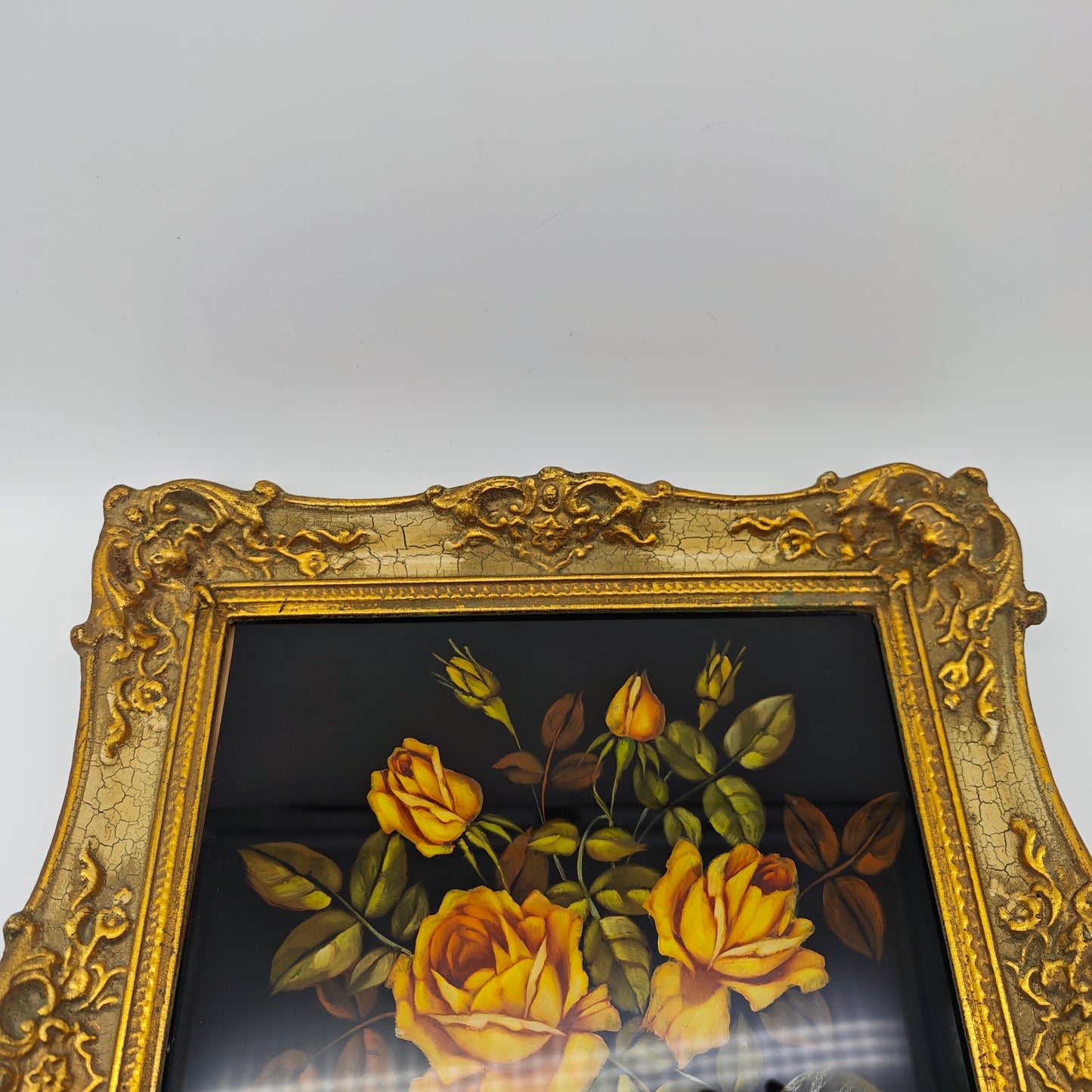 Wandbild handgemalt Glasbild Hinterglasmalerei gelbe Rosen Prunkrahmen gold CZ Stilleben vintage Landhaus Barock kitsch Hollywood Regency