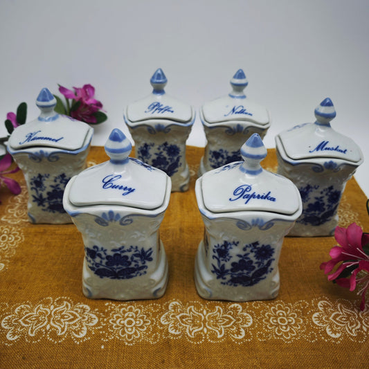 6x Set Vorratsdosen Keramik blau weiß Blüten Behälter Aufbewahrung Deko shabby Küche Gewürzdosen eckig vintage Porzellan Vorratsgläser antik