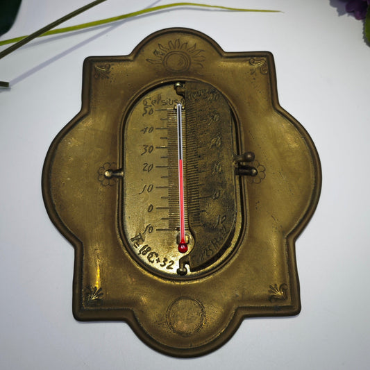 Thermometer Sonne Wandthermometer Messing 3 Skalen Celsius Fahrenheit Réaumur Klappe vintage Landhaus cottagecore shabby academia Outdoor