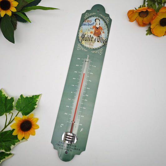 Thermometer retro Huile d'Olive Eau Fleurs d'Oranger Wandthermometer Blech Union des proprietaires de nice Werbeschild Olivenöl Landhaus cottagecore shabby