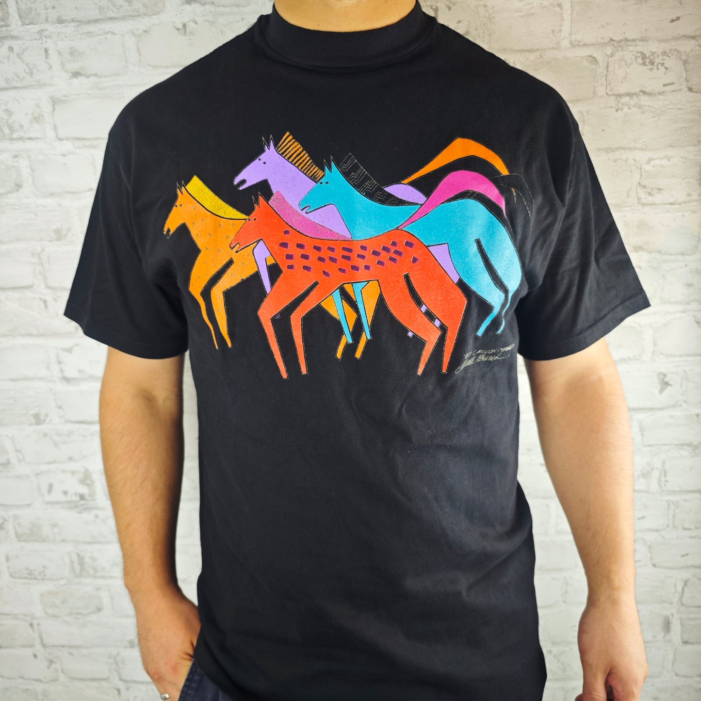 Laurel Burch Elk Canyon Mares T-Shirt Tee schwarz Pferde 1980er Onesize popart Kunst 80s Shirtkleid 90er Kunstdruck art hoe outfit vaporwave