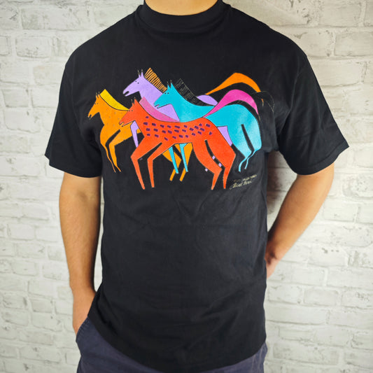 Laurel Burch Elk Canyon Mares T-Shirt Tee schwarz Pferde 1980er Onesize popart Kunst 80s Shirtkleid 90er Kunstdruck art hoe outfit vaporwave