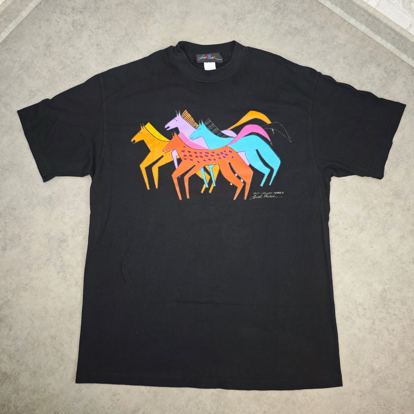 Laurel Burch Elk Canyon Mares T-Shirt Tee schwarz Pferde 1980er Onesize popart Kunst 80s Shirtkleid 90er Kunstdruck art hoe outfit vaporwave