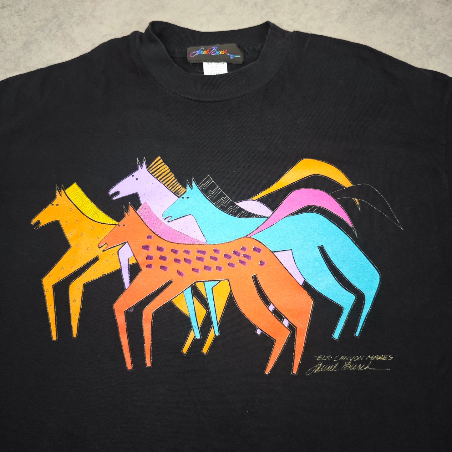 Laurel Burch Elk Canyon Mares T-Shirt Tee schwarz Pferde 1980er Onesize popart Kunst 80s Shirtkleid 90er Kunstdruck art hoe outfit vaporwave