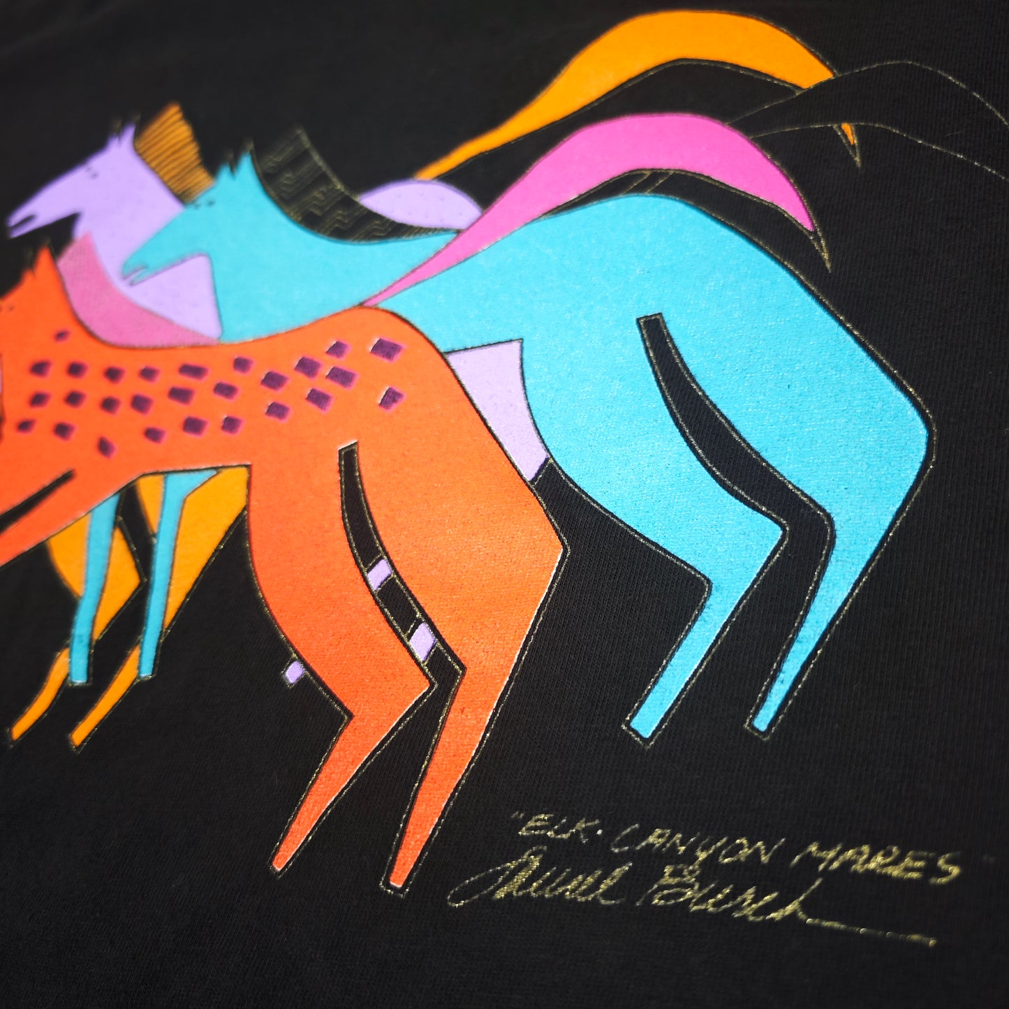 Laurel Burch Elk Canyon Mares T-Shirt Tee schwarz Pferde 1980er Onesize popart Kunst 80s Shirtkleid 90er Kunstdruck art hoe outfit vaporwave