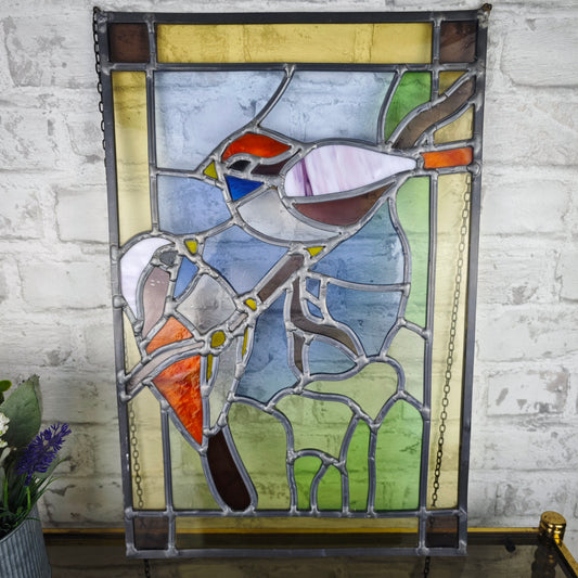 Glasbild Vögel Fensterbild Lichtfänger Sonnenfänger Tiffanyglas Handarbeit Tiffanybild Dekoration Bleiglas Buntglas Glaskunst Bild Vogelpaar