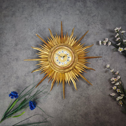 Wanduhr Sunburst Zenith gold Midcentury Design Sonnenstrahlen vintage Boho Plantmom Hexenauge Hollywood Regency Magie Sonne barock Spiegel