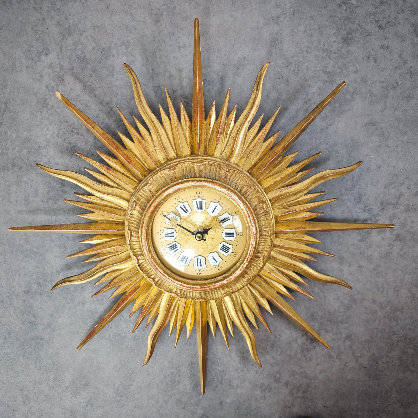 Wanduhr Sunburst Zenith gold Midcentury Design Sonnenstrahlen vintage Boho Plantmom Hexenauge Hollywood Regency Magie Sonne barock Spiegel