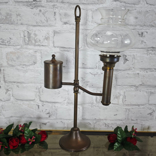 Studenten Lampe Öllampe Schiebelampe Glasschirm Tischleuchte Petroleumlampe antik Messing vintage verstellbar verstellbar Standleuchter