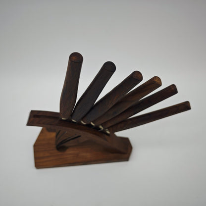 6 Buttermesser im Halter Holz Danish Design Midcentury Hygge Scandi Besteck Frühstück Teak Palisander Messer Streichmesser Schmiermesser