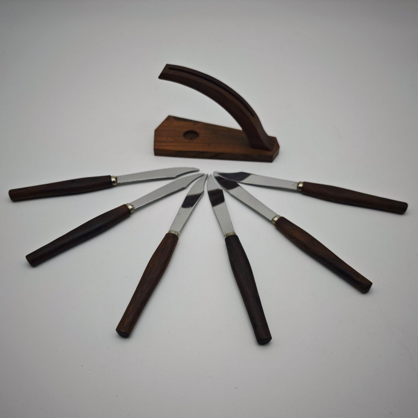 6 Buttermesser im Halter Holz Danish Design Midcentury Hygge Scandi Besteck Frühstück Teak Palisander Messer Streichmesser Schmiermesser