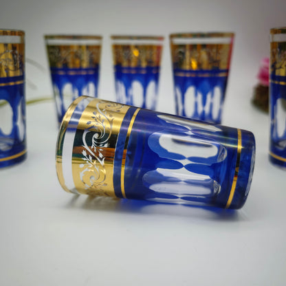 6x Teeglas Trinkglas blau gold Glas Goldrand Wasserglas Saftglas edel festlich Glanz vintage Weihnachten Silvester Kelche Teegläser Orient