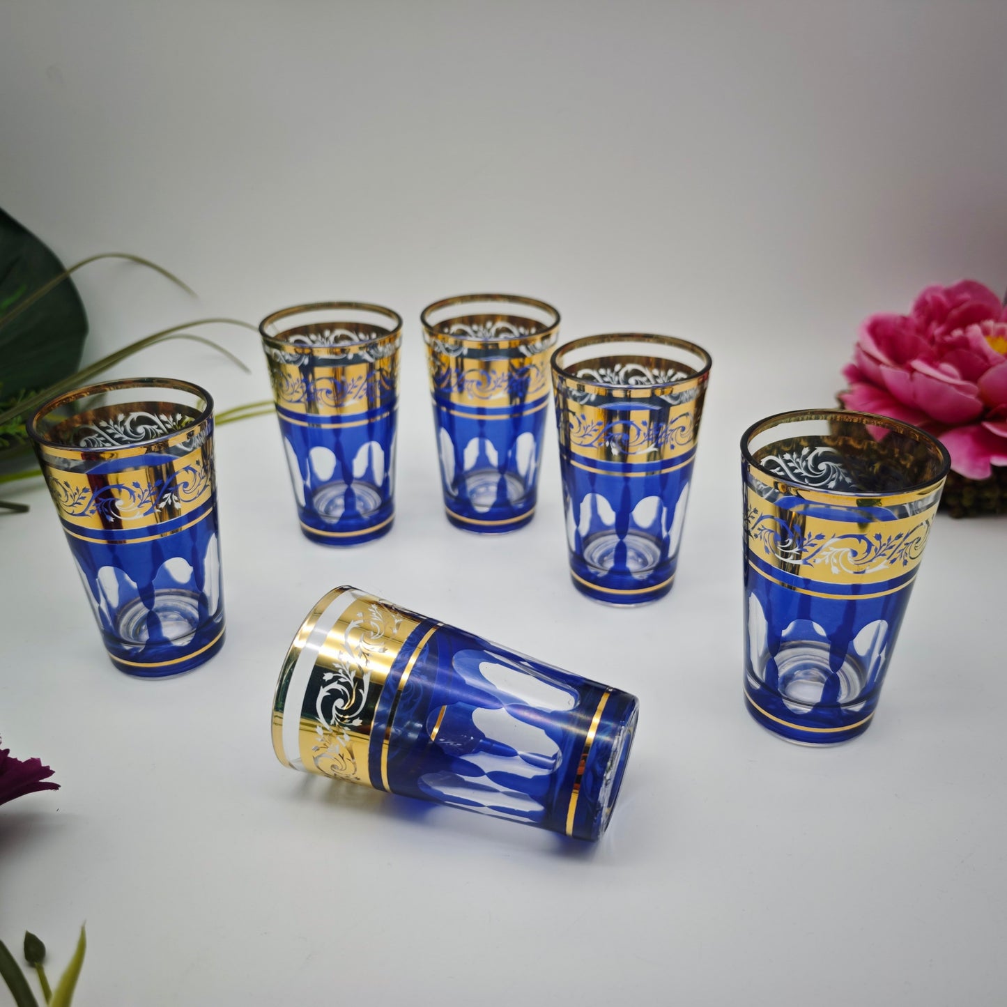 6x Teeglas Trinkglas blau gold Glas Goldrand Wasserglas Saftglas edel festlich Glanz vintage Weihnachten Silvester Kelche Teegläser Orient