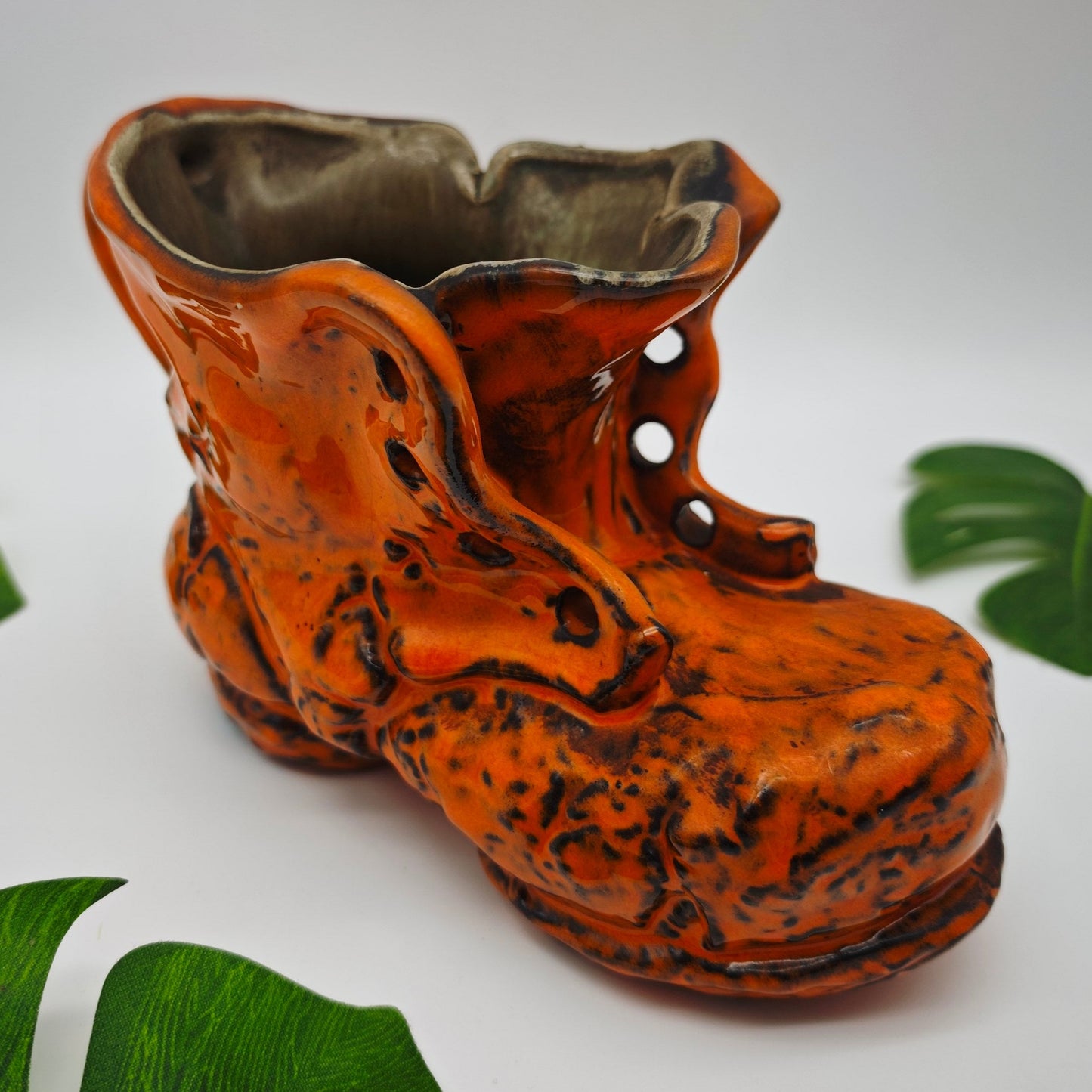 Pflanzgefäß in Schuhform aus Keramik orange Blumen Übertopf Kräutertopf WGP West German Pottery Mid Century space age Fat Lava grannycore