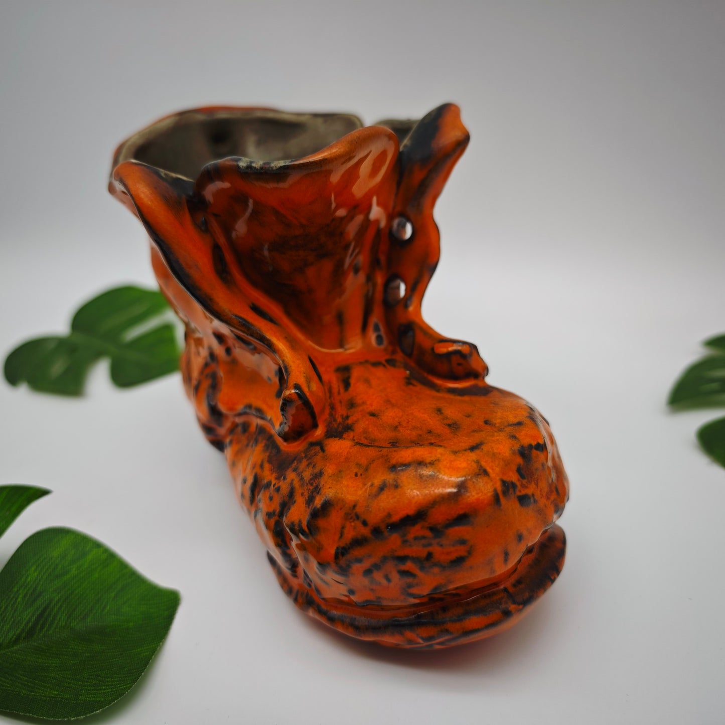Pflanzgefäß in Schuhform aus Keramik orange Blumen Übertopf Kräutertopf WGP West German Pottery Mid Century space age Fat Lava grannycore