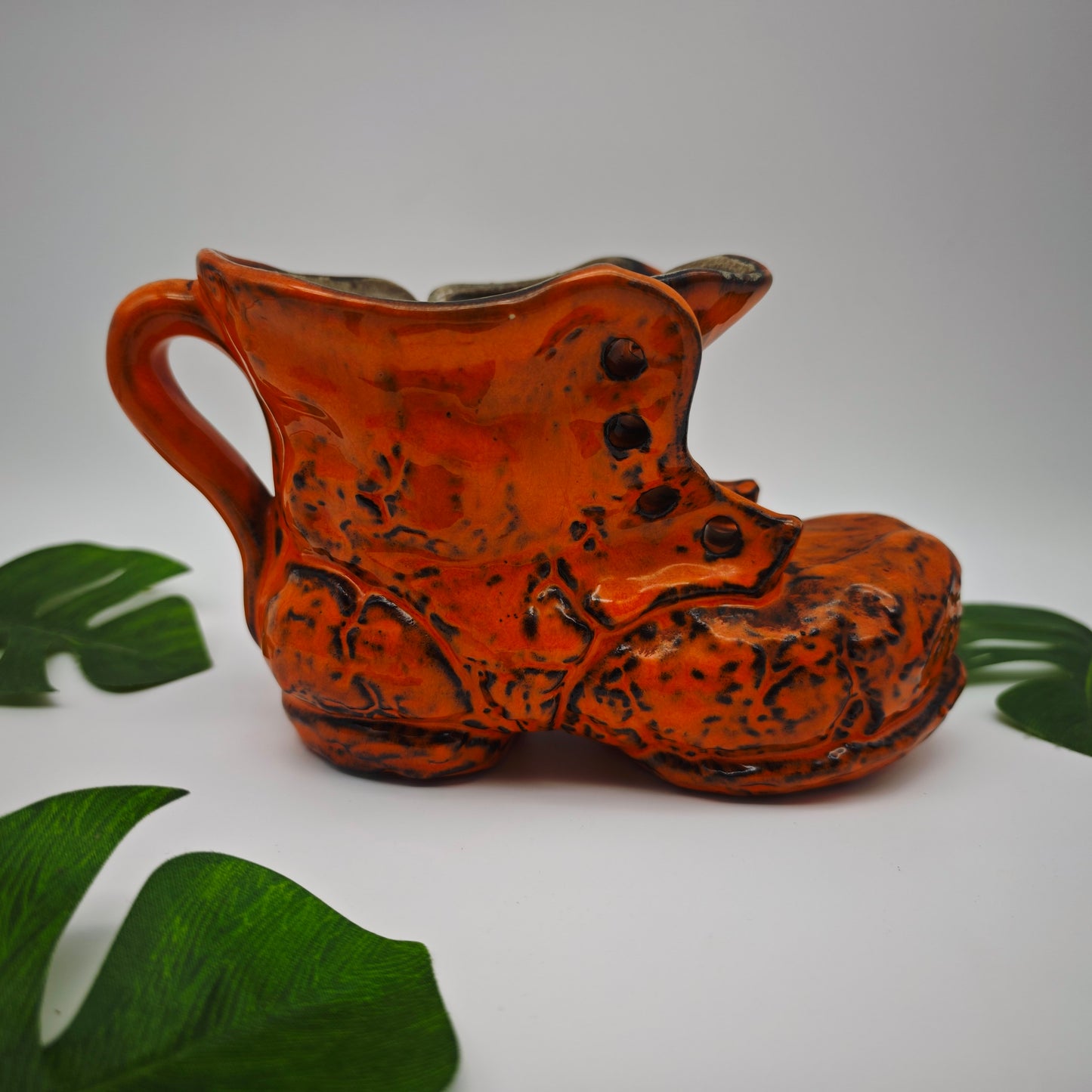 Pflanzgefäß in Schuhform aus Keramik orange Blumen Übertopf Kräutertopf WGP West German Pottery Mid Century space age Fat Lava grannycore