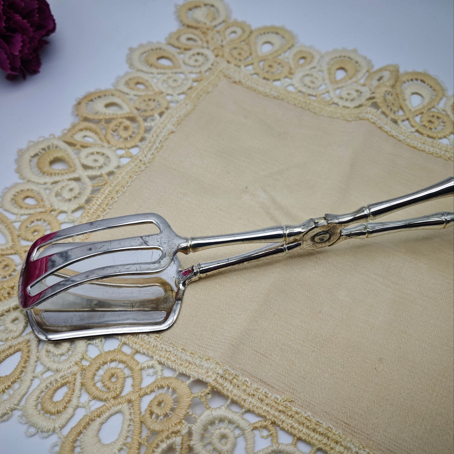 Gebäckzange Servierzange versilbert Vintage Kuchenzange Pralinenzange Macarons Kuchenbesteck Silberbesteck Bambus Japan Asien