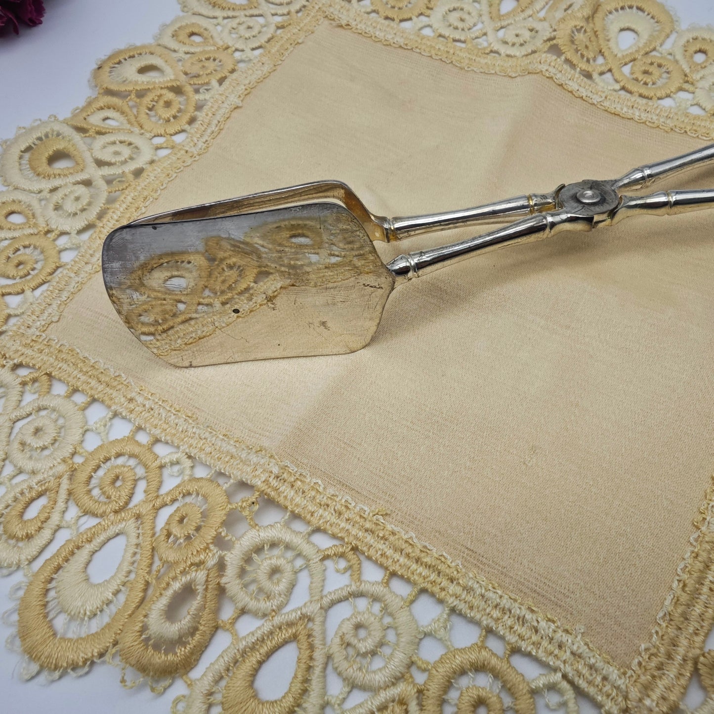 Gebäckzange Servierzange versilbert Vintage Kuchenzange Pralinenzange Macarons Kuchenbesteck Silberbesteck Bambus Japan Asien