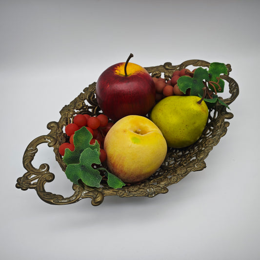 Bol à fruits en laiton massif vintage Hollywood Regency, corbeille à fruits baroque, confiserie ovale, bol à offrande doré, porte-clés, fleurs
