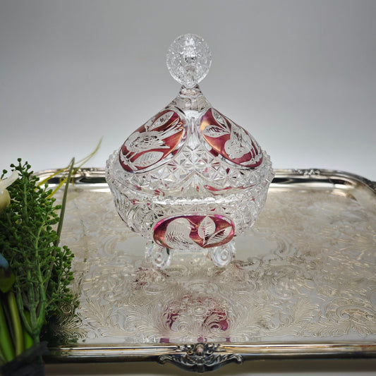 Bonboniere Kristallglas geschliffen Vogel rot Bleikristall funkelnd Kristall edel festlich vintage Zuckerdose Konfektschale