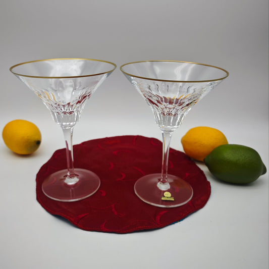 2x Verre à Martini bord doré modèle dragon verre cristal au plomb cristal taillé à la main verres à cocktail vintage du milieu du siècle Hollywood Regency