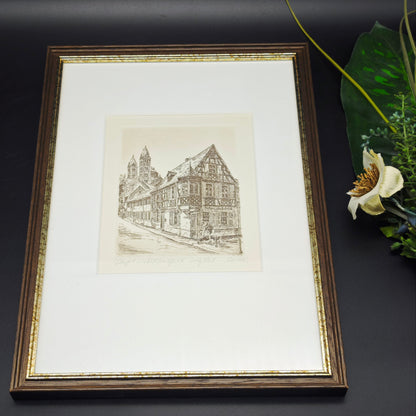 Radierung Speyer Nikolausgasse signiert gerahmt Wandbild Souvenir Gasthaus zum Halbmond Dom zu Speyer Rheinland-Pfalz Fachwerkhaus Kaiserdom