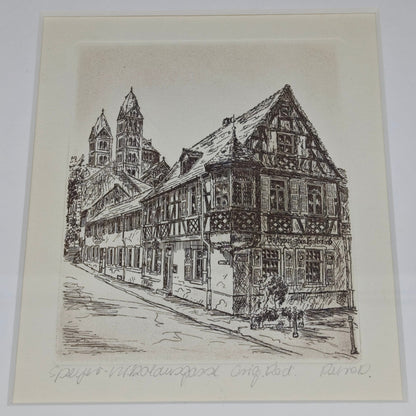 Radierung Speyer Nikolausgasse signiert gerahmt Wandbild Souvenir Gasthaus zum Halbmond Dom zu Speyer Rheinland-Pfalz Fachwerkhaus Kaiserdom
