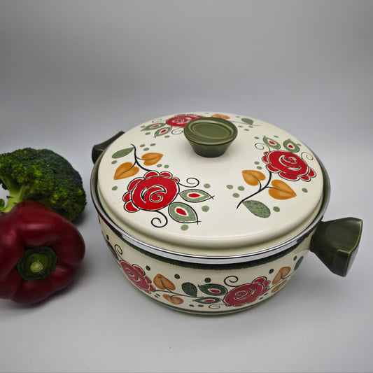 Kochtopf Baumann Tirol Blumenmuster Emaille Topf Deckel vintage beige grün rot Rosen
