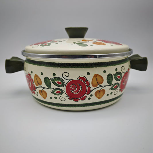 Kochtopf Baumann Tirol Blumenmuster Emaille Topf Deckel vintage beige grün rot Rosen