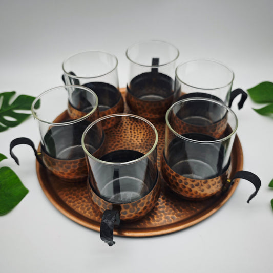Set 6 Teegläser mit Tablett Kupfer Hammerschlag Midcentury vintage Teeglas-Set Serviertablett spage age