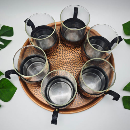 Set 6 Teegläser mit Tablett Kupfer Hammerschlag Midcentury vintage Teeglas-Set Serviertablett spage age