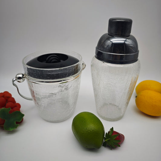 Set Cocktail Shaker und Eiswürfelbehälter Craquele Glas versilbert Eiskübel Kleeblatt