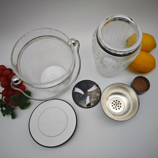 Set Cocktail Shaker und Eiswürfelbehälter Craquele Glas versilbert Eiskübel Kleeblatt