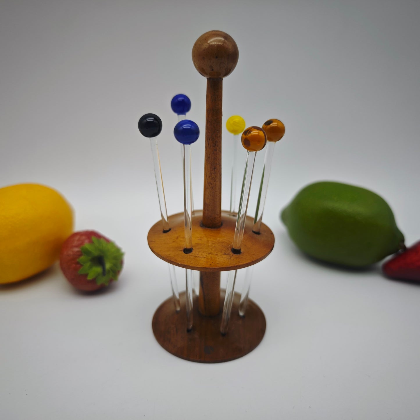 6 Bowlespieße Glas Holzhalter bunt Kugel Cocktailpicker Cocktailspieße Aufsteller