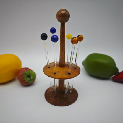 6 Bowlespieße Glas Holzhalter bunt Kugel Cocktailpicker Cocktailspieße Aufsteller