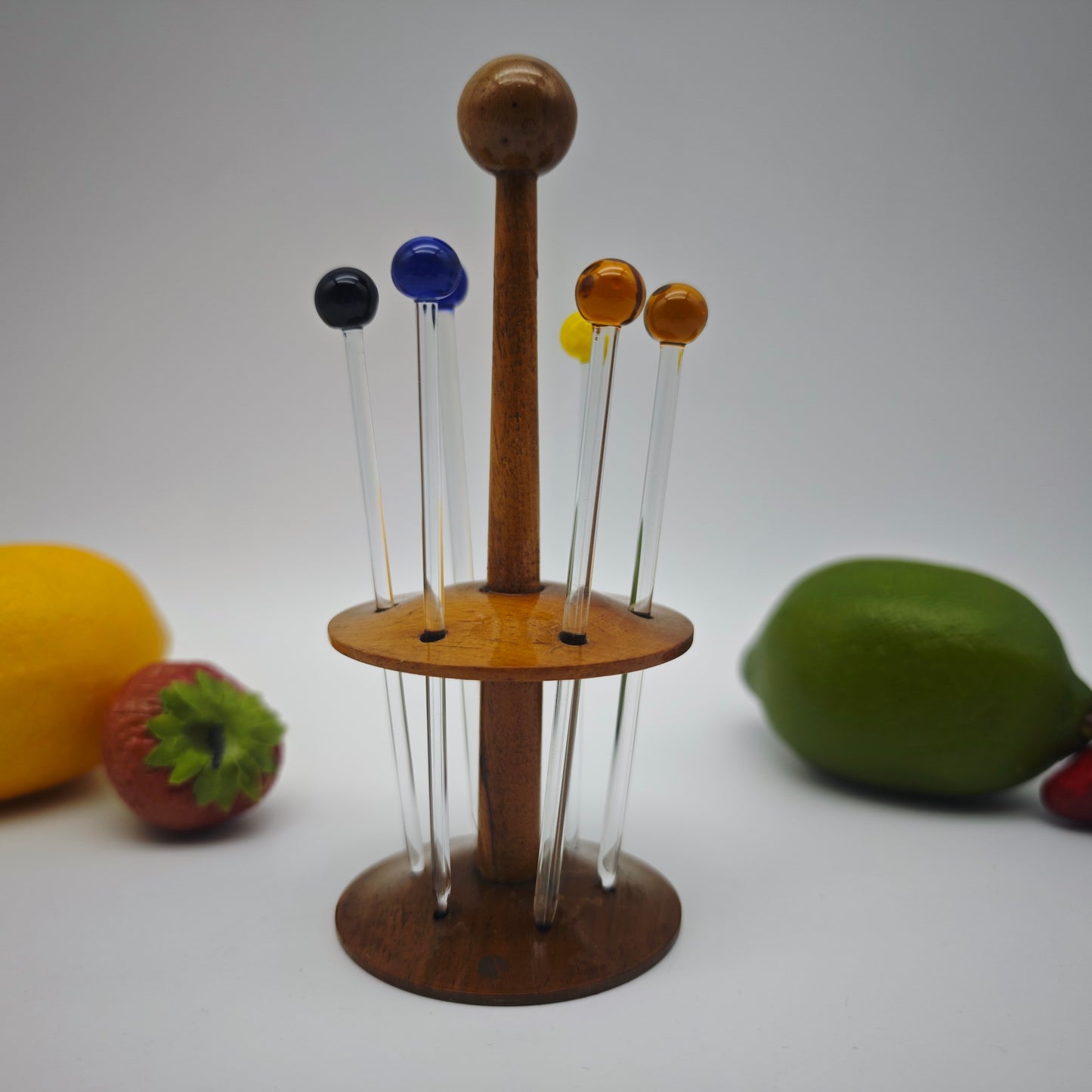 6 Bowlespieße Glas Holzhalter bunt Kugel Cocktailpicker Cocktailspieße Aufsteller