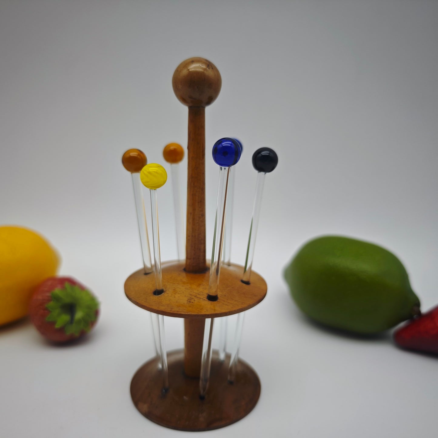 6 Bowlespieße Glas Holzhalter bunt Kugel Cocktailpicker Cocktailspieße Aufsteller