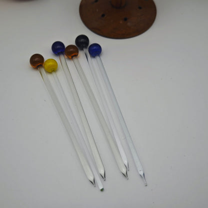 6 Bowlespieße Glas Holzhalter bunt Kugel Cocktailpicker Cocktailspieße Aufsteller